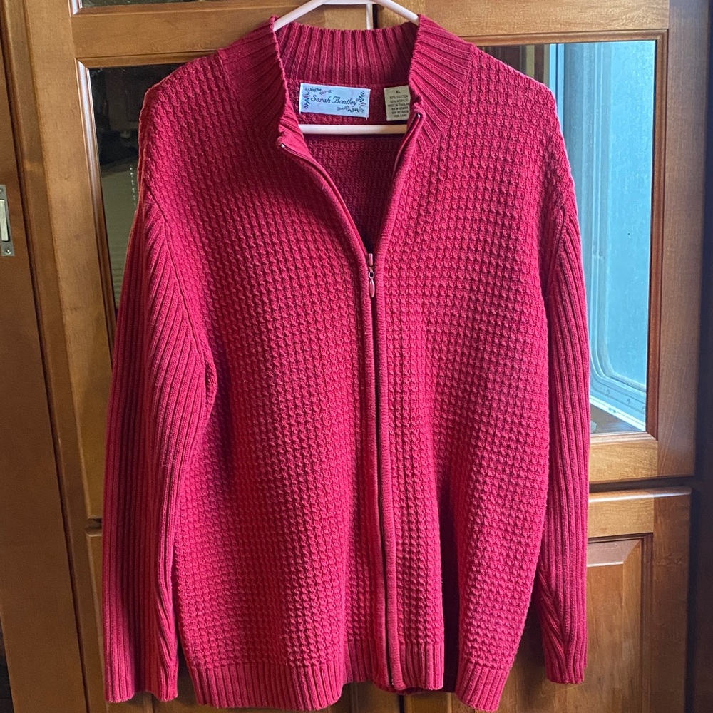 Vintage Sarah Bentley XL Red Knit Cardigan Sweater Cottagecore Fall Winter